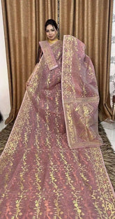 Saree Bengal Jamdani Semi Soft With Blouse Piece Traditional Festive Durga Pujo Rosy Brown Copper Zari Weaving S11001 - Saree - Aakritee - S11001